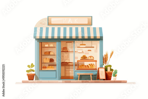 Charming bakery front with displayed pastries and potted plants