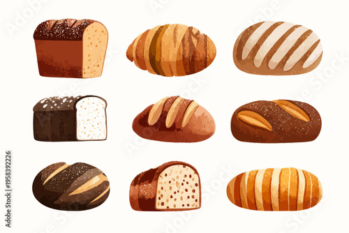 Variety of artisan bread loaves with diverse toppings and textures