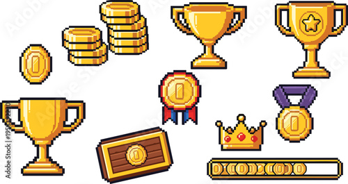 Golden Awards Collection with Coins, Trophies, Medals, Badges, Crowns, and Achievement Icons in Pixel Art StyleGolden Awards Collection with Coins, Trophies, Medals, Badges, Crowns, and Achievement Ic