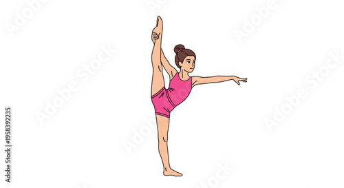 A young girl in a pink leotard is performing a vertical split with one arm extended on a white background.