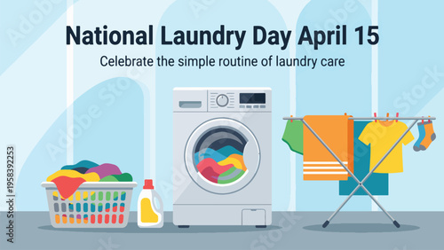 National Laundry Day April 15 Modern Home Cleaning Scene with Washing Machine Clothes Rack and Detergent Minimal Flat Illustration for Household Routine Awareness