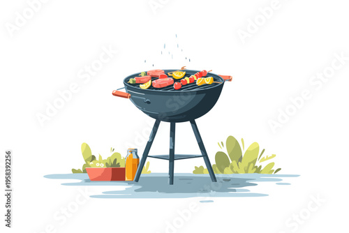 Outdoor bbq grill with skewers of meat and vegetables