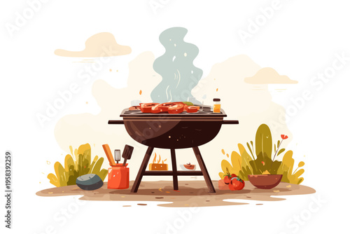 Outdoor bbq grill with smoky flavorful summer vegetables and utensils in a garden setting