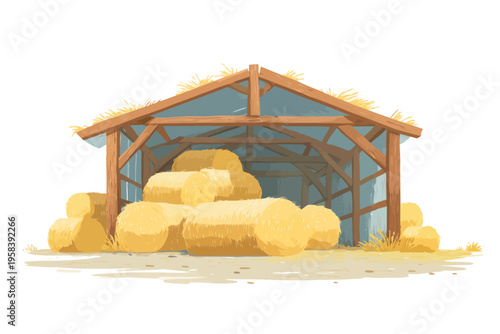 Wooden barn with straw bales under clear sky