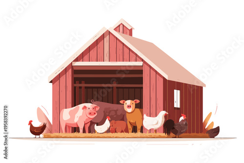 Red barn with farm animals: pigs, cows, chickens, and rooster on hay