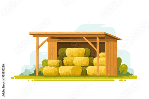 Wooden shed with stacked hay bales on grass with bushes