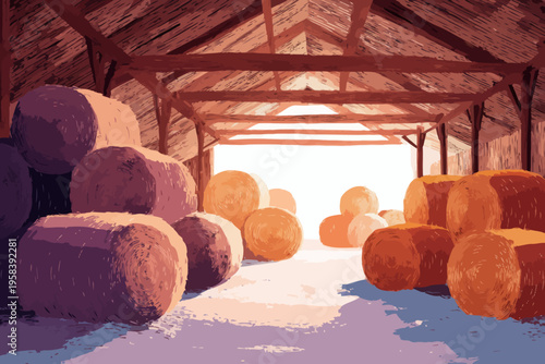Sunlit barn interior filled with hay bales