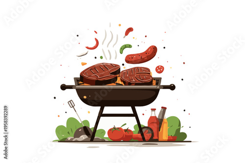 Grilling steak and sausage with vegetables and condiments illustration