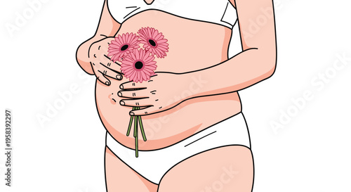 A pregnant woman in white underwear is gently holding a bouquet of pink flowers over her belly.