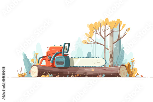 Chainsaw resting on cut tree trunk in autumn forest illustration