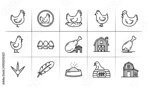 Chicken poultry farm thin outline icons vector pixel perfect food collection