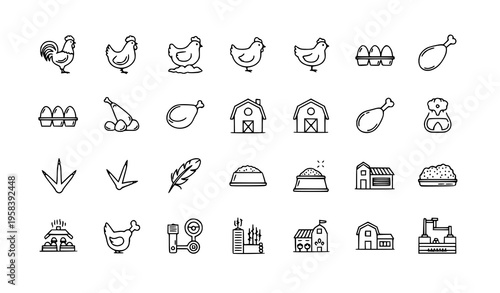 Poultry farming outline icons minimal thin line vector chicken agriculture pack