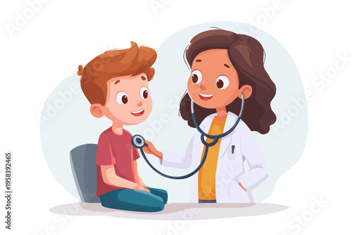 Female doctor examining caucasian child with stethoscope in medical setting