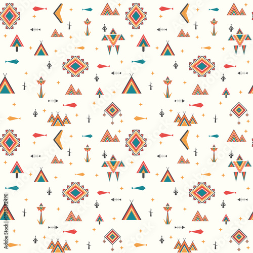 Native American Tribal Geometric Seamless Pattern with Teepees, Totems, and Ethnic Symbols in Flat Retro Style.
