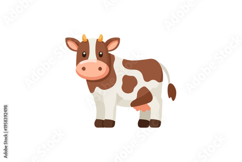 Cute cartoon brown and white cow with horns on white background