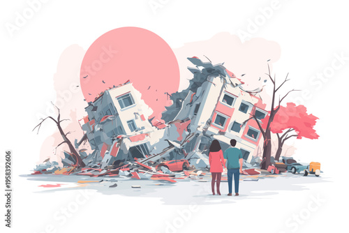 Couple observes collapsed building after earthquake against pink sunset
