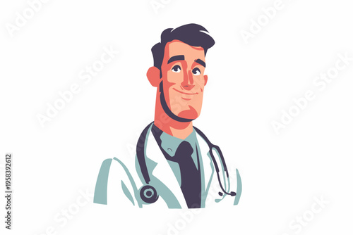 Cartoon male doctor in white coat with stethoscope on white background