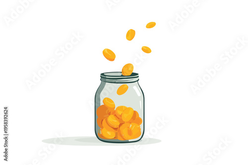 Coins falling into glass jar on white background