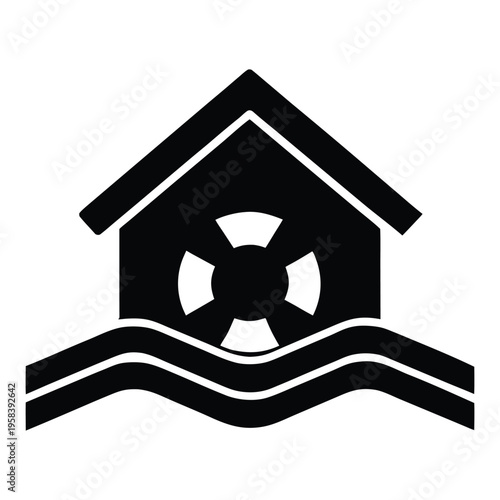 Black and white logo of a house with wavy lines and a pinwheel