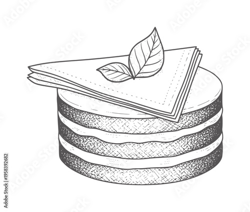 Hand drawn layered cake with mint leaves and napkin dessert food sweet black