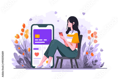 Young asian female using smartphone with mobile app interface and floral background