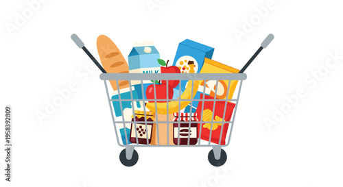 A grey metal shopping cart is overflowing with diverse groceries against a plain white background.