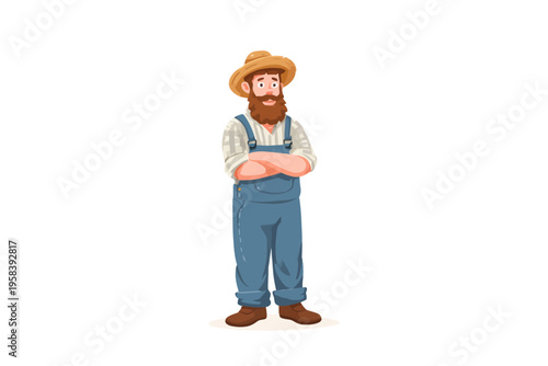 Cartoon male farmer in overalls with straw hat and beard on white background