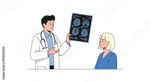 A male doctor shows a brain MRI scan to a female patient in a medical consultation setting on a white background.
