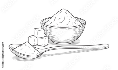 Hand drawn of sugar cubes and powdered sugar in a bowl and spoon
