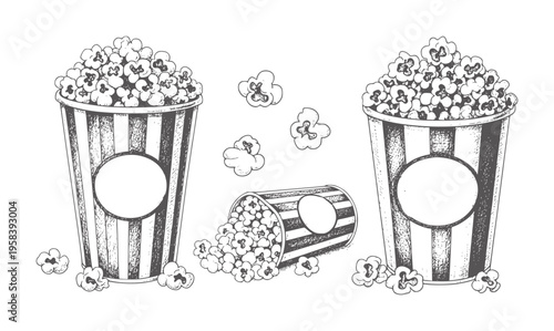 Hand drawn striped popcorn buckets and scattered kernels white snack
