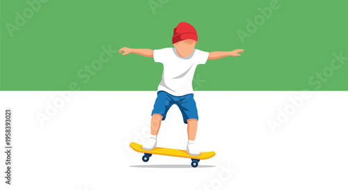 A young child in a red beanie balances on a yellow skateboard with arms outstretched against a two-tone green and white background.
