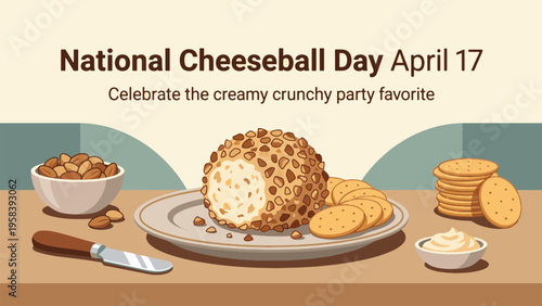 National Cheeseball Day April 17 Creamy Crunchy Appetizer Scene with Sliced Cheese Ball Crackers and Spread Dish Minimal Flat Illustration for Party Snack Promotion