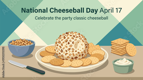 National Cheeseball Day April 17 Party Classic Appetizer Display with Nut Coated Cheese Ball Crackers and Dip Bowl Modern Flat Illustration for Snack Branding Design