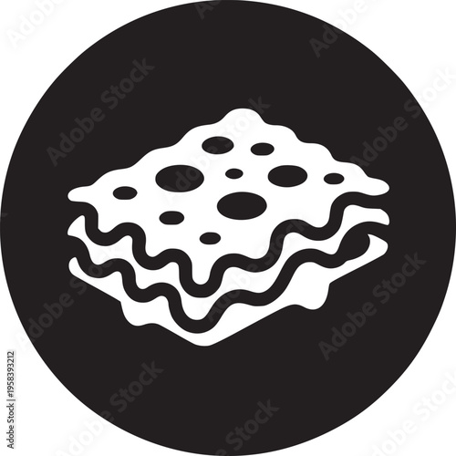 White lasagna illustration with cheese on top inside of a black circle on a white background