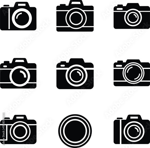 Professional camera icon set for photography apps, digital SLR camera symbols for web design and UI projects.
