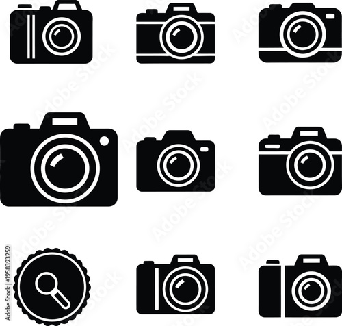 Professional dslr camera icon set for photography service branding and website interface elements isolated on white.