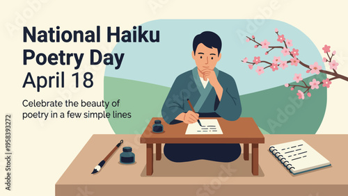 A man in a kimono writing haiku poetry at a desk with cherry blossoms for National Haiku Poetry Day.