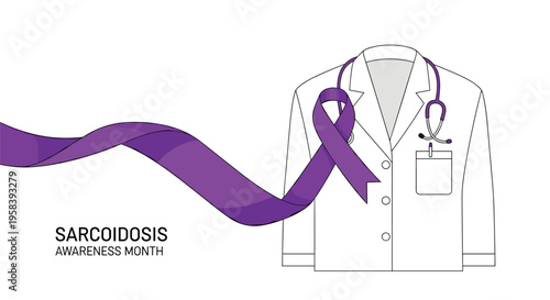 A long purple awareness ribbon flows from the left, passing over a white doctor's coat with a stethoscope, alongside text Sarcoidosis Awareness Month.