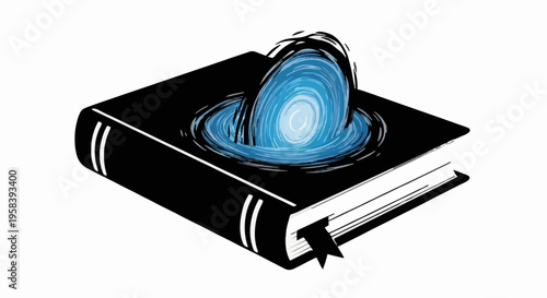 Digital illustration of a black book with blue swirling vortex emerging from pages