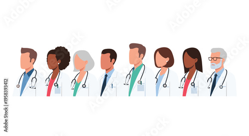 A diverse group of seven doctors, including males and females, stands in a row wearing white lab coats and stethoscopes.