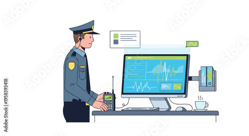 A uniformed police officer stands beside a desk holding a walkie-talkie, observing a computer monitor displaying audio waveforms and data.