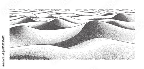 Stylized stippled sand dunes under a hazy sky desert landscape
