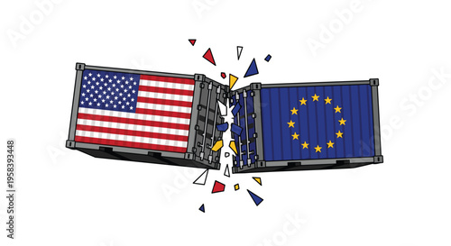 Two shipping containers, one with the US flag and one with the EU flag, collide and shatter in the middle, scattering debris.