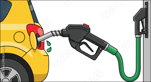 A yellow car is being refueled by a black pump nozzle inserted into its fuel tank, with green drops spilling out.
