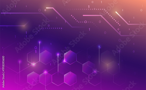 Futuristic abstract background with hexagonal network, glowing lines, and binary code on a purple gradient, representing data processing, blockchain, AI, and modern digital technology systems.