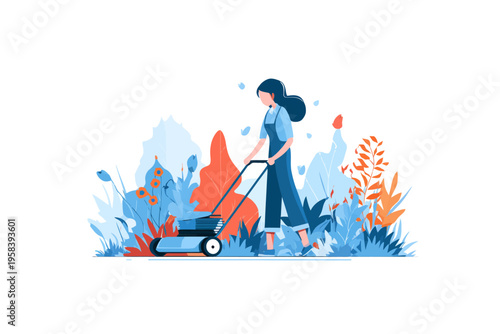 Asian female adult gardening with lawn mower amidst colorful foliage