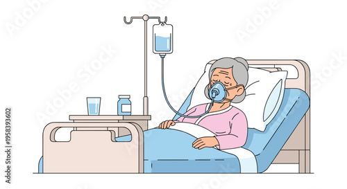 An elderly woman lies in a hospital bed wearing an oxygen mask, with an IV drip and a bedside table holding water and medicine.