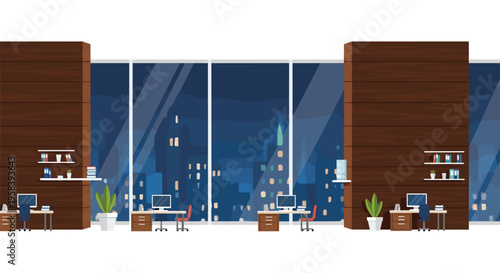 An empty modern office interior with large windows overlooks a city skyline at night, featuring multiple desks with computers and wooden partitions.