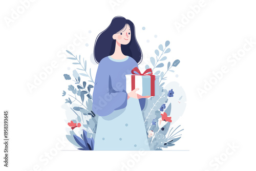 Young caucasian female holding gift box among floral illustrations