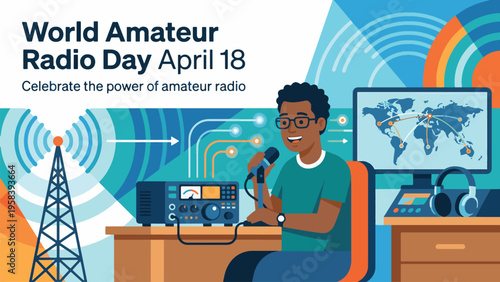 A man celebrates World Amateur Radio Day by operating a ham radio station with a microphone, equipment, and a computer displaying a world map.